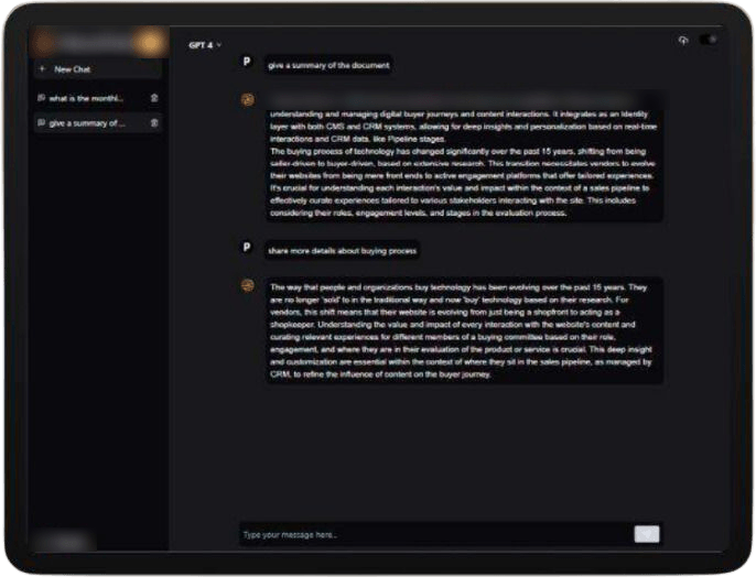 A tablet showing a document chatbot answering questions about a B2B buying process