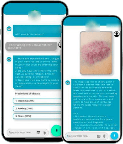 Two phones showing a health assistant chat: follow-up questions about sleep, and a reply about a photo of a skin rash