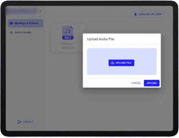 A tablet showing a meeting app with a dialog for uploading an audio recording