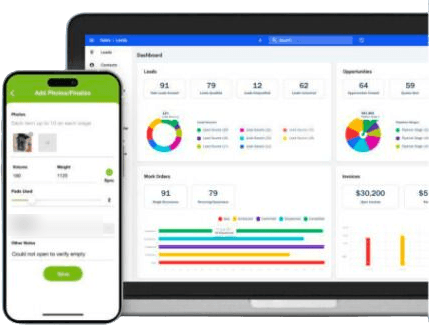 A moving-company CRM dashboard of leads, work orders and invoices, beside a phone showing a move survey form