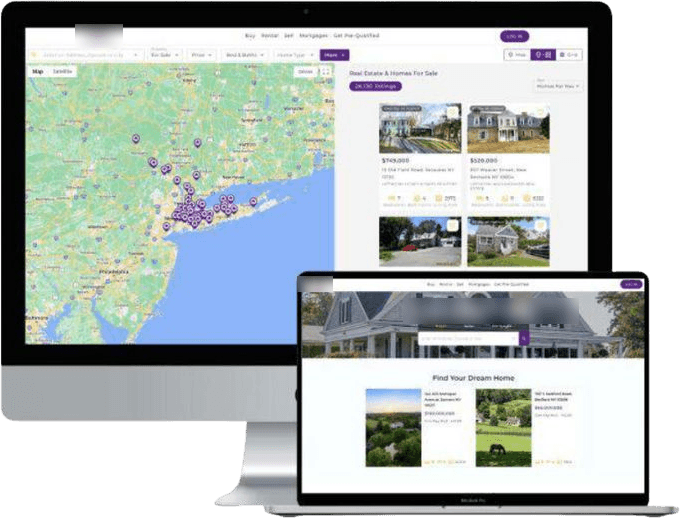 A property portal on a desktop map view of listings around New York and New Jersey, with the home page on a laptop