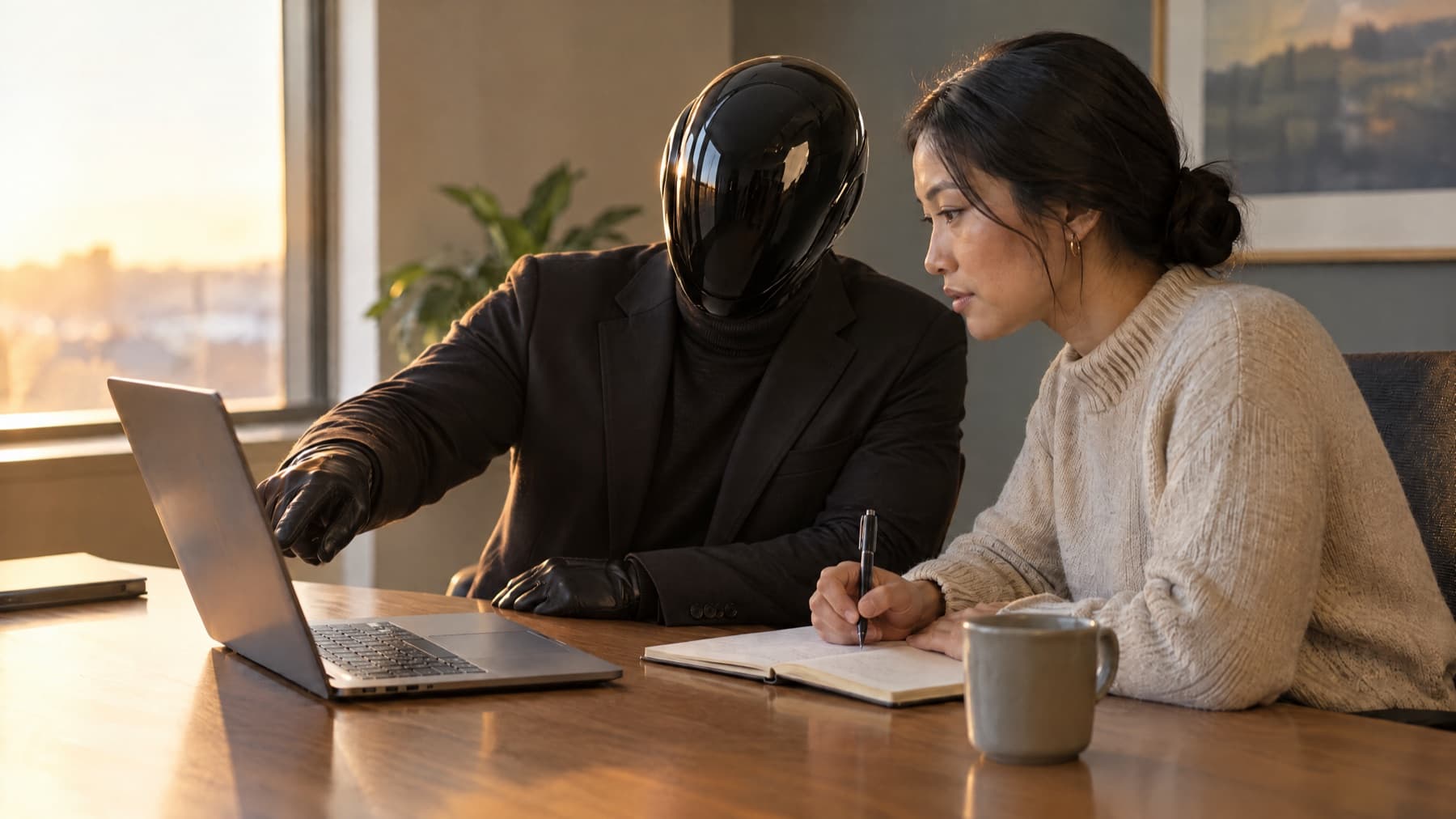 A person in a black suit and glossy black mask points at results on a laptop while a colleague takes notes