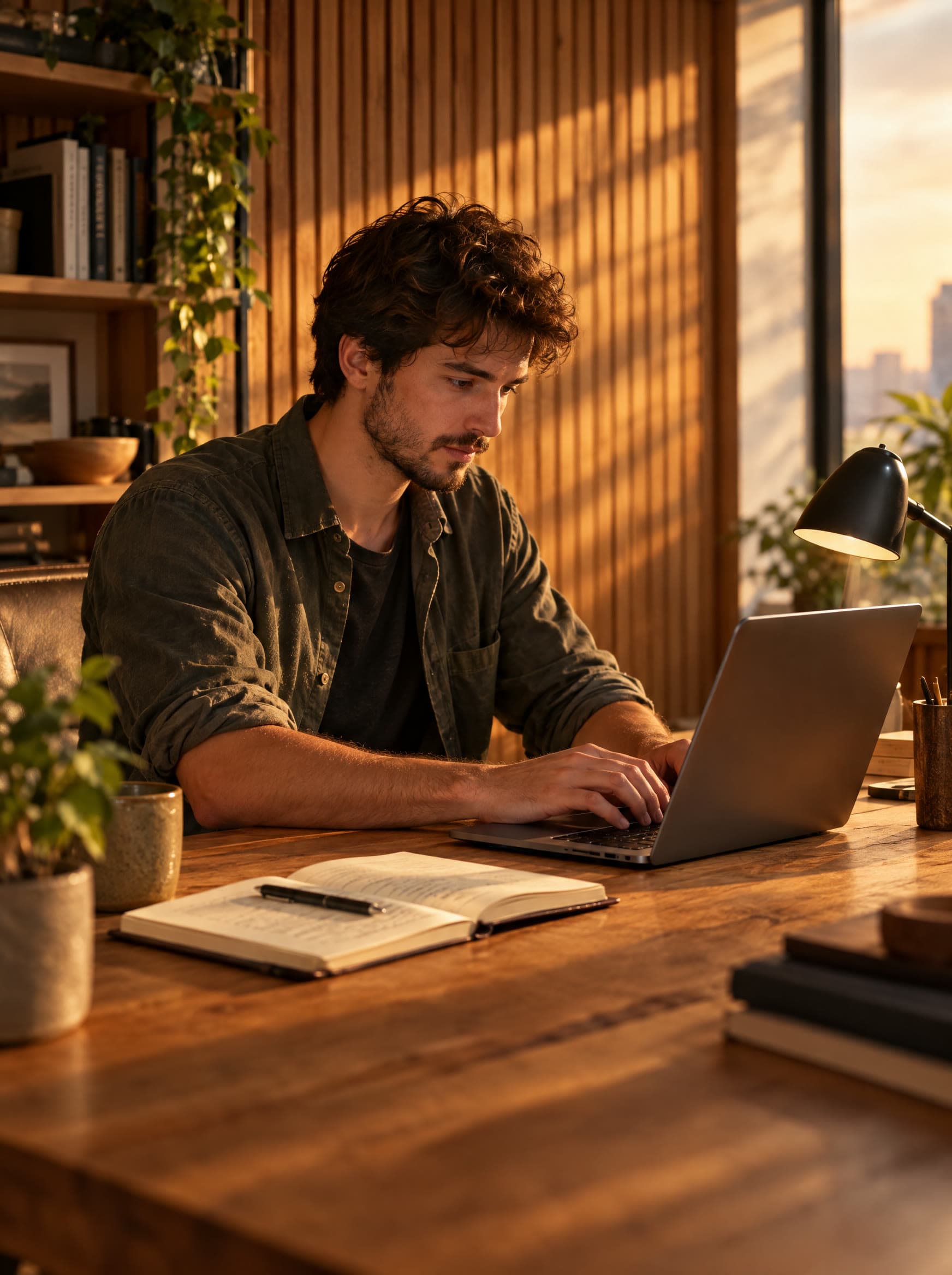 A man working on a laptop at a wooden desk in warm light