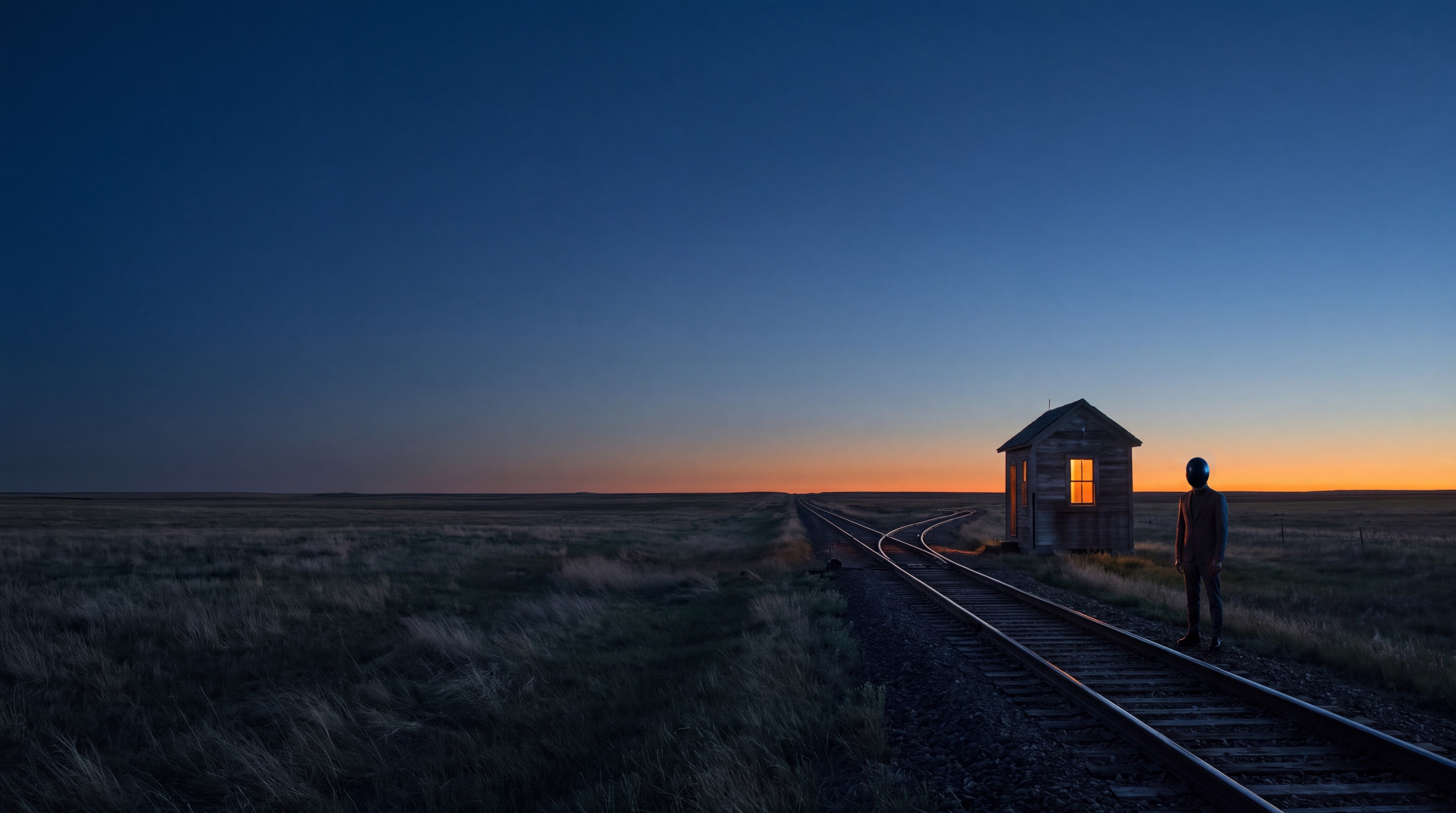 A single railway line crosses dark prairie at dusk toward a small signal hut with one lit window, where McCarthy, in a black suit and a glossy black egg-shaped mask, stands beside the track