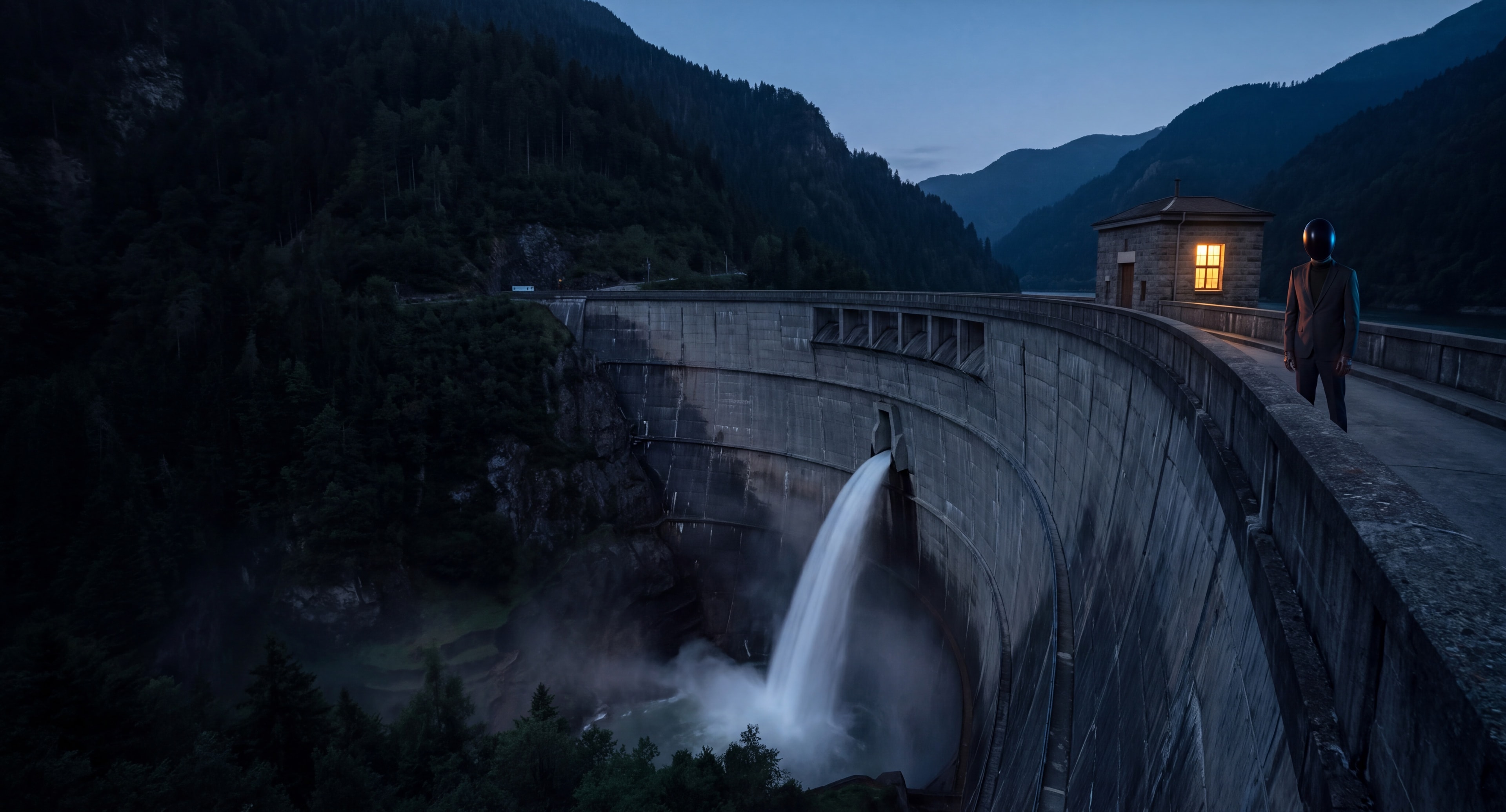 A curved dam at dusk with water pouring from its face, a small lit gatehouse on top