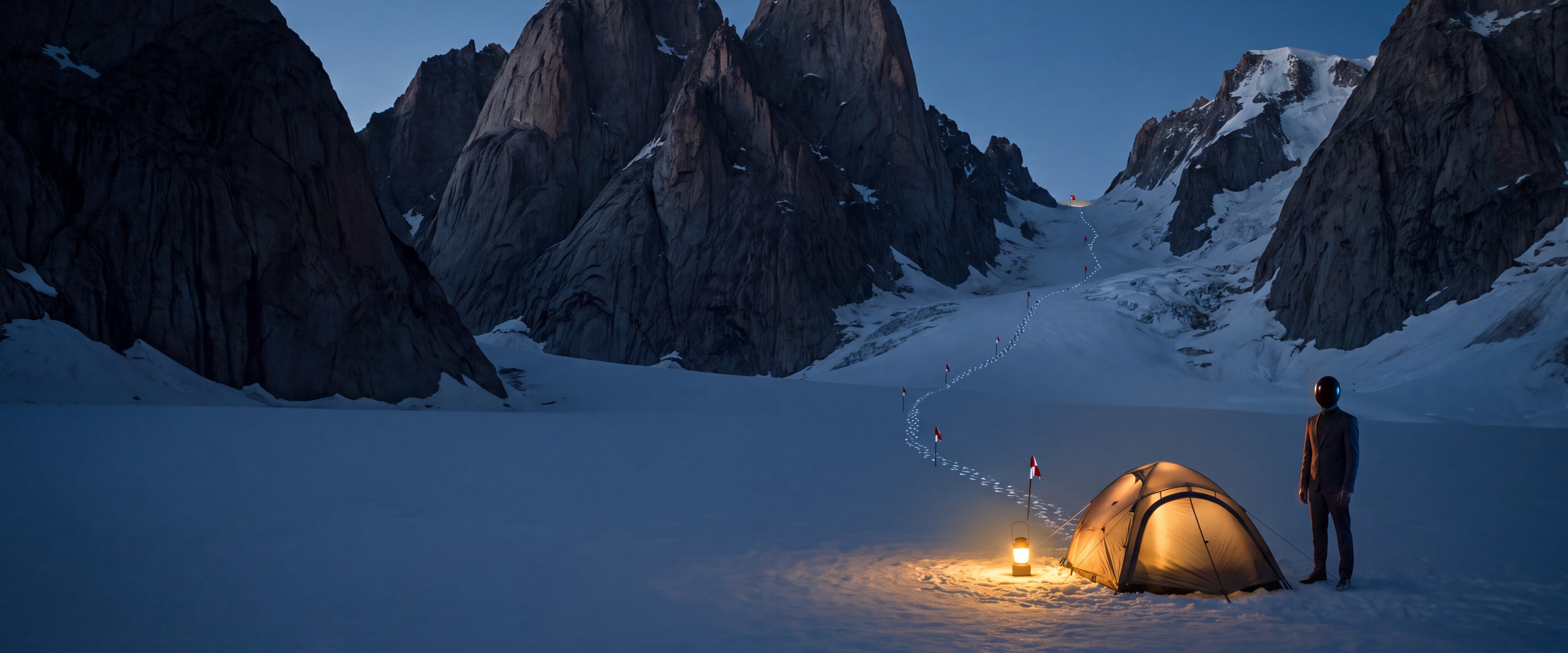 A lit tent on a snowfield below granite peaks at dusk