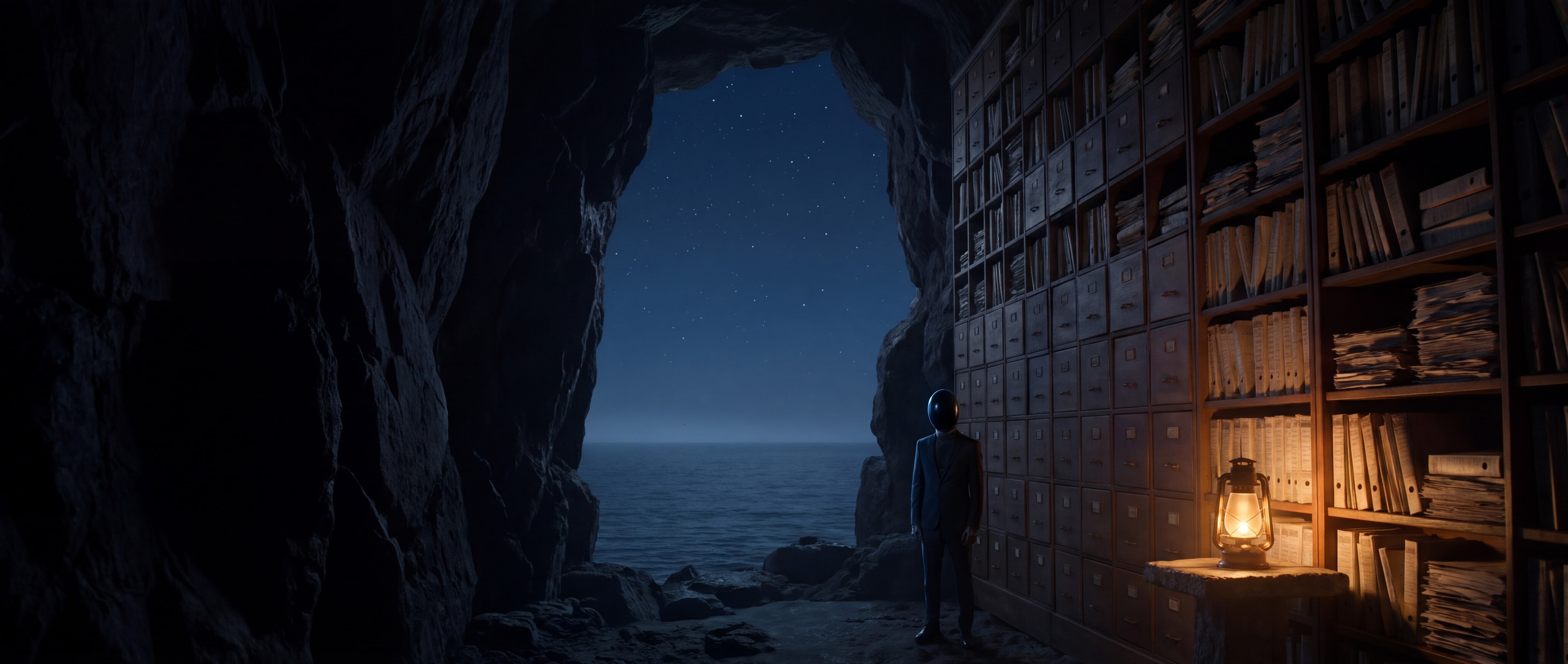 Inside a vast sea cave at night, a wall of wooden archive drawers and shelves of files rises beside a lit lantern, and McCarthy, in a black suit and a glossy black egg-shaped mask, stands at its foot