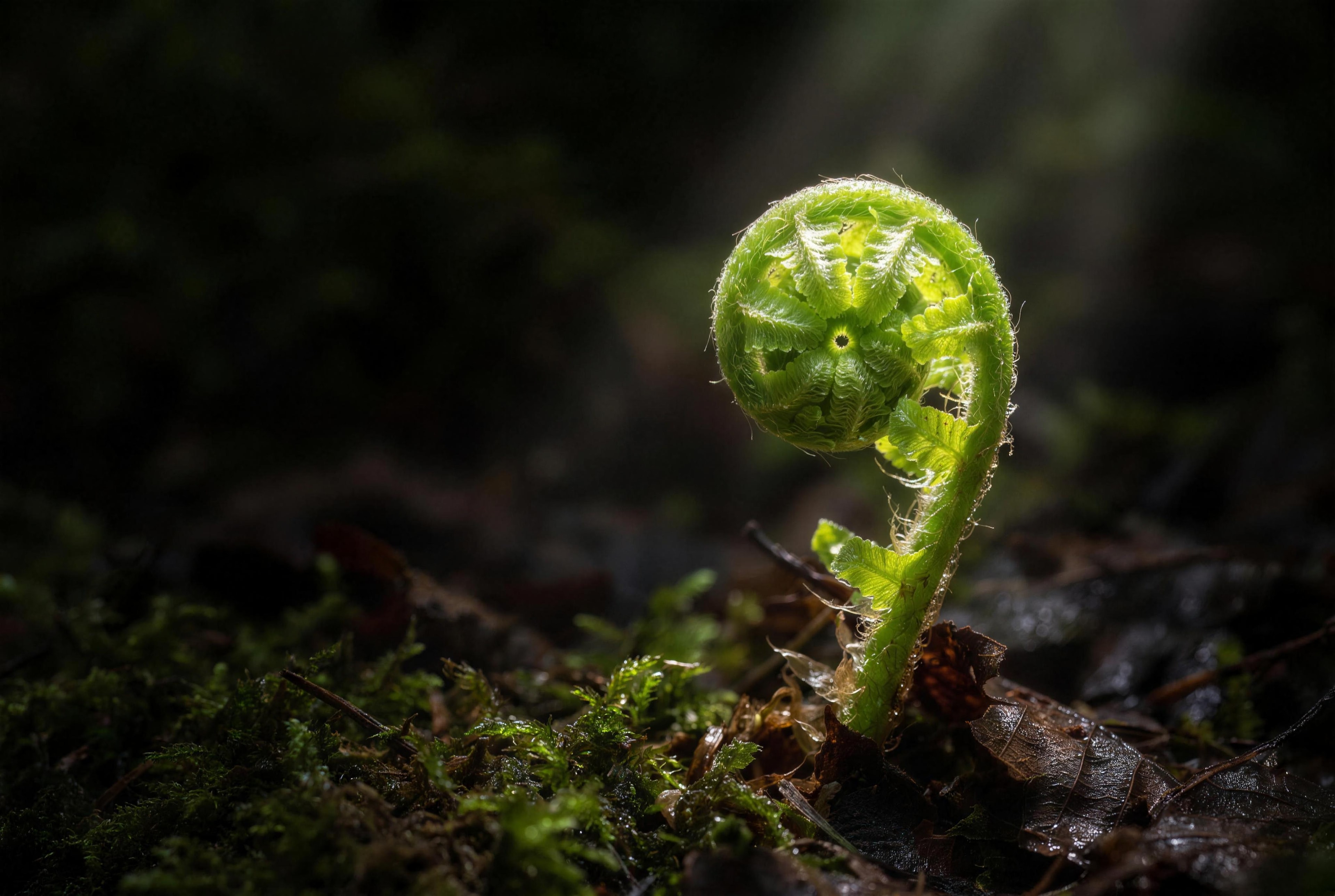 A young fern frond unfurls in a beam of light on a dark forest floor