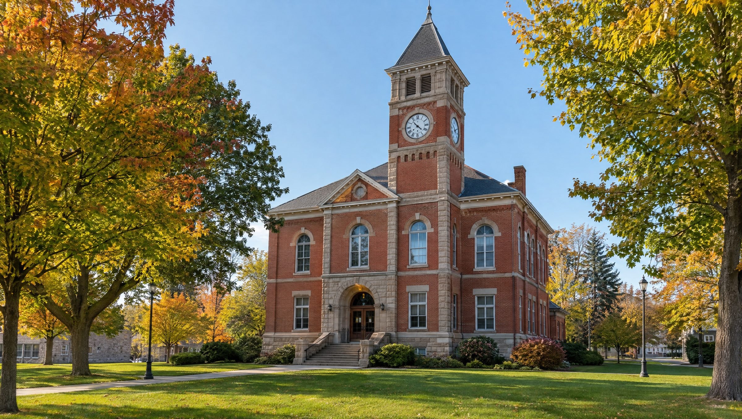 A red brick town hall with a clock tower stands on a green lawn under a clear blue sky, framed by maple trees turning orange and gold in early autumn