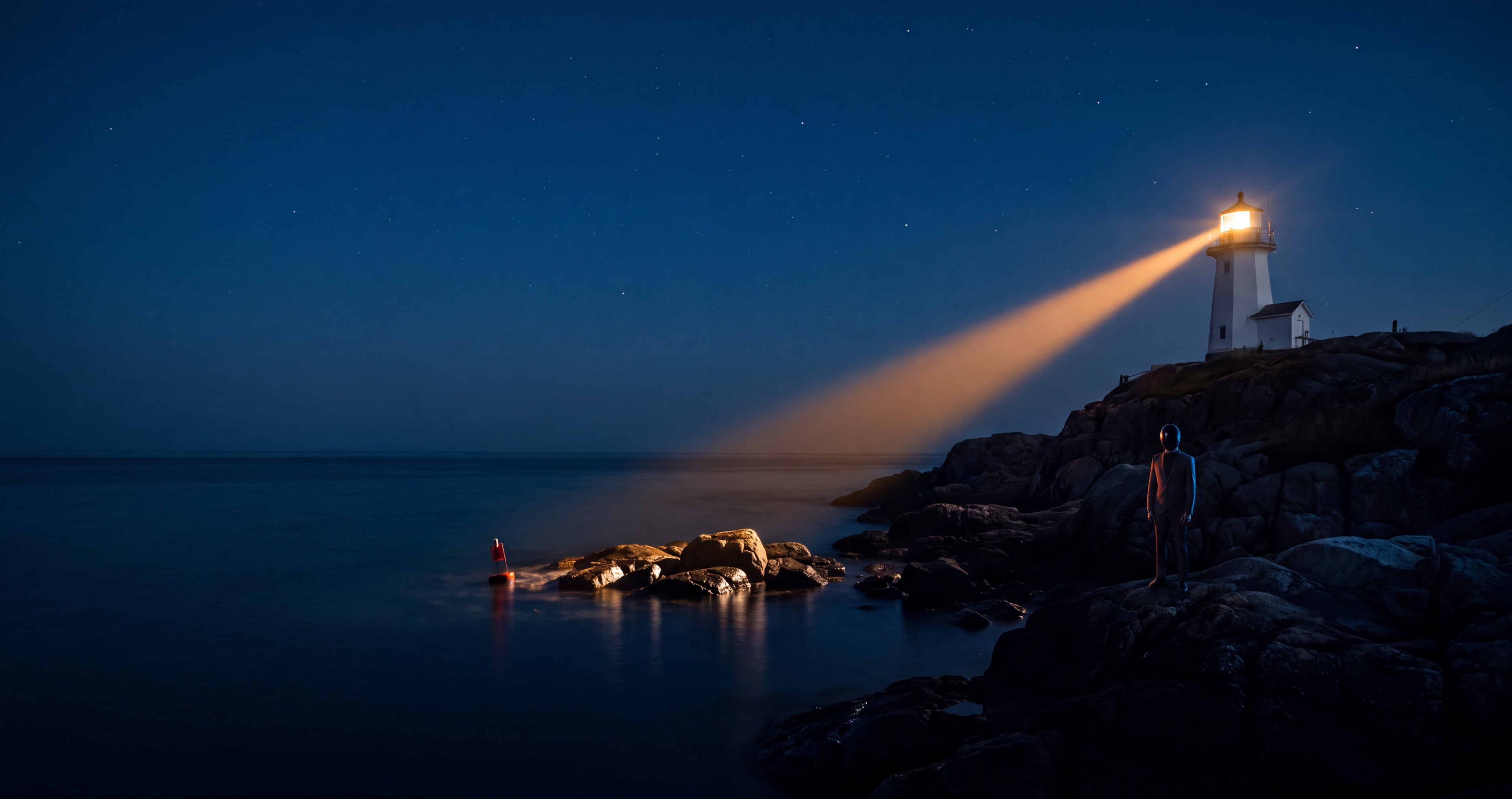 A lighthouse beam sweeping over a calm sea at night