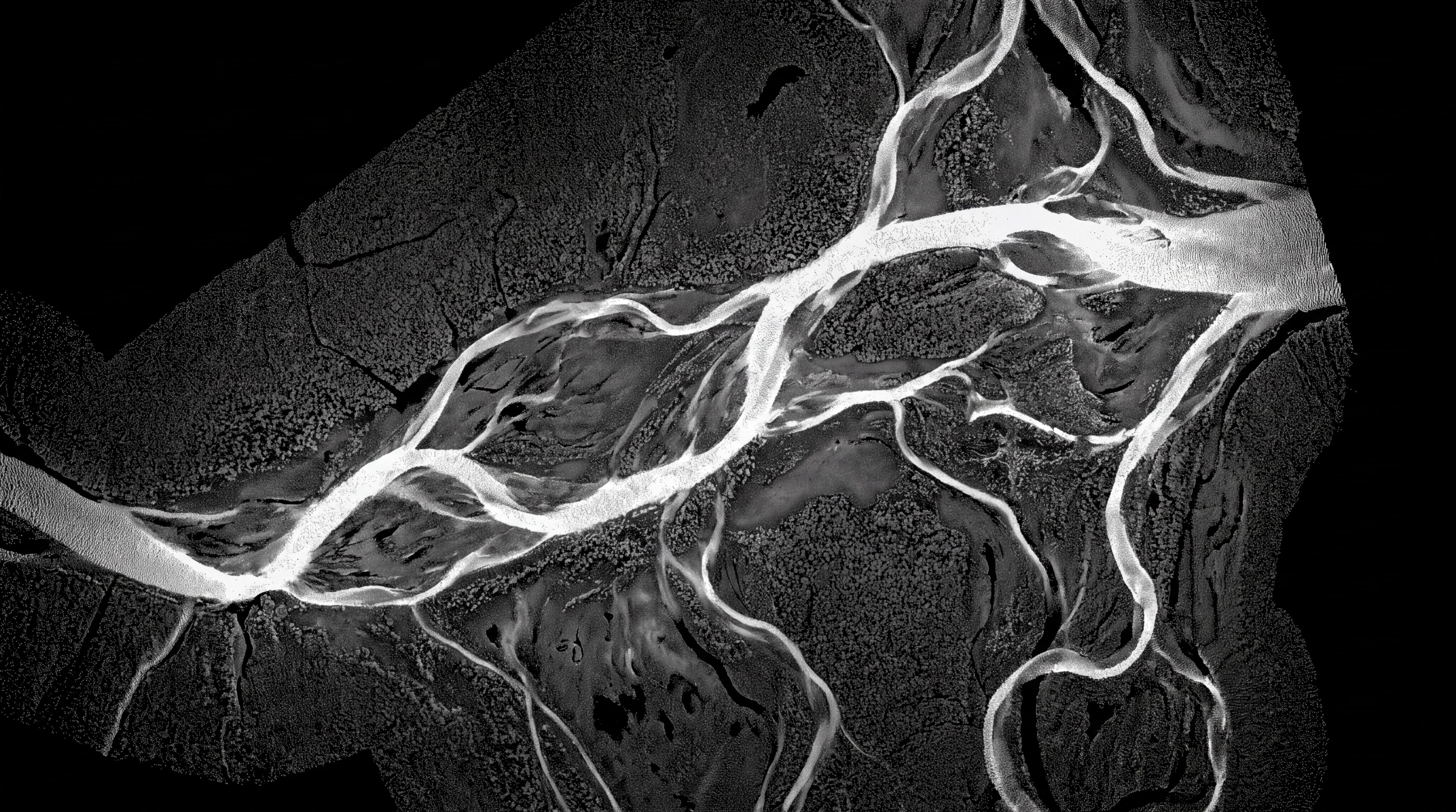Sample audit map over a lidar scan of a river delta. It marks a CRM, quote sheets, AI seats, a shared inbox and weekly reports.