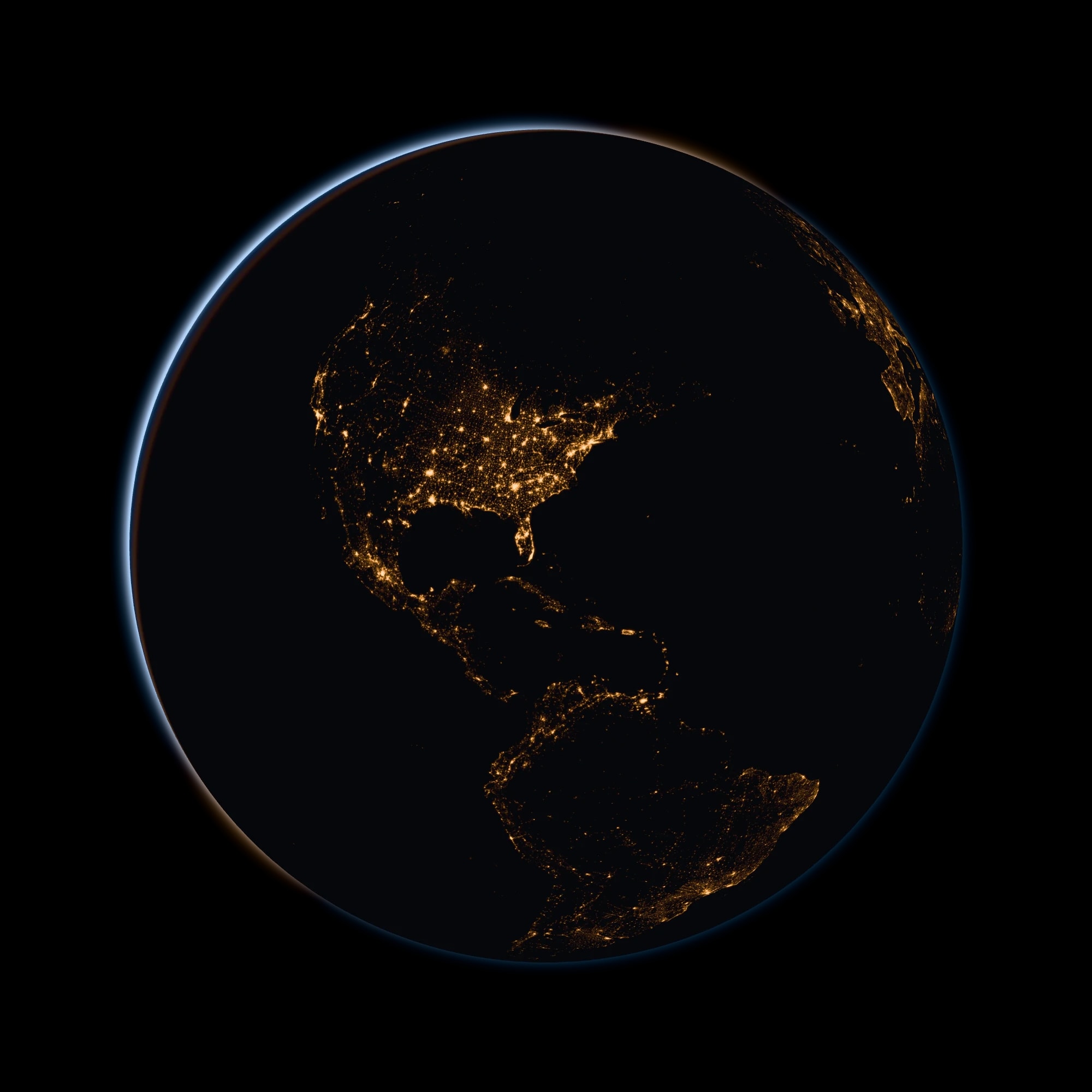 The Earth from orbit at night, city lights across North America, the sun rising over the edge