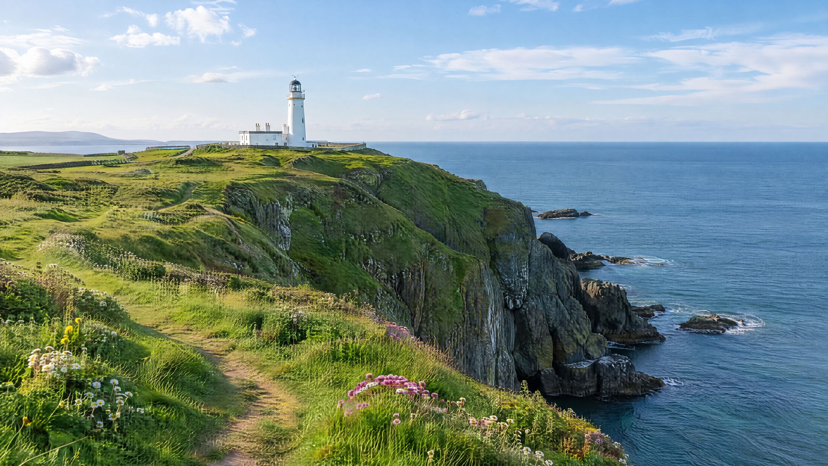 A white lighthouse on green coastal cliffs above a calm blue sea