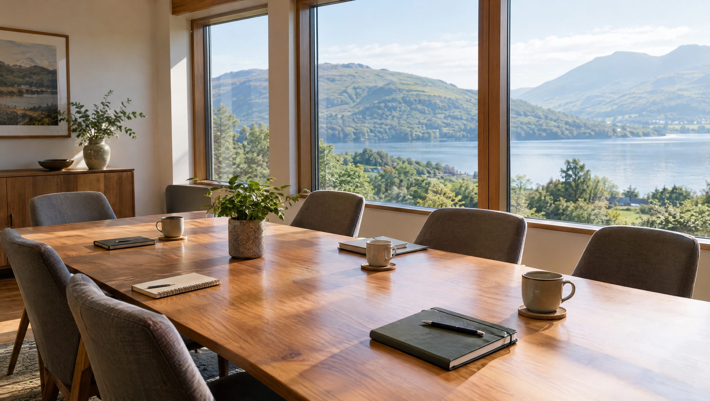 A quiet meeting room with a wooden table and windows onto green hills and a lake