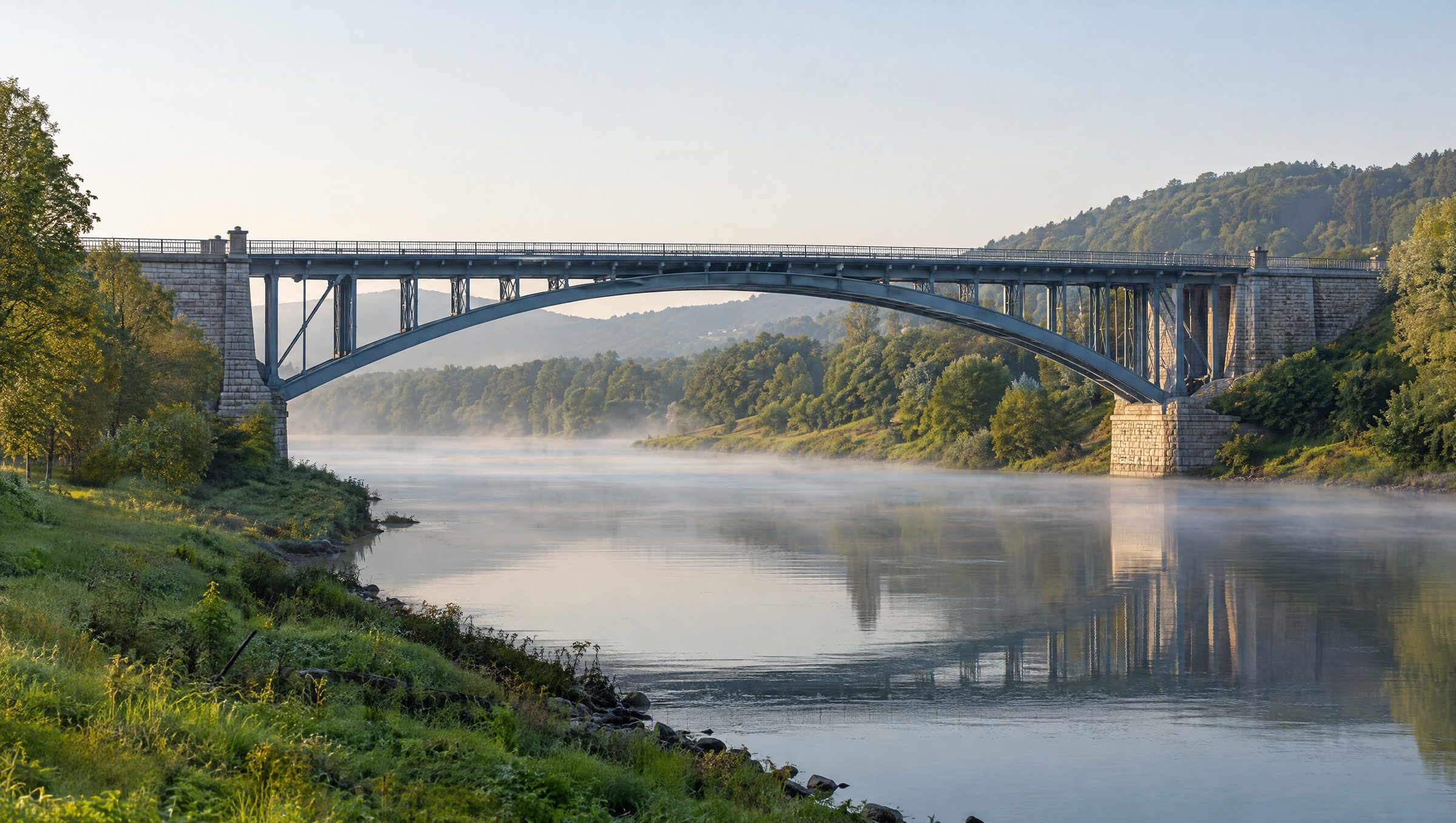 A steel arch bridge over a calm, misty river in morning light