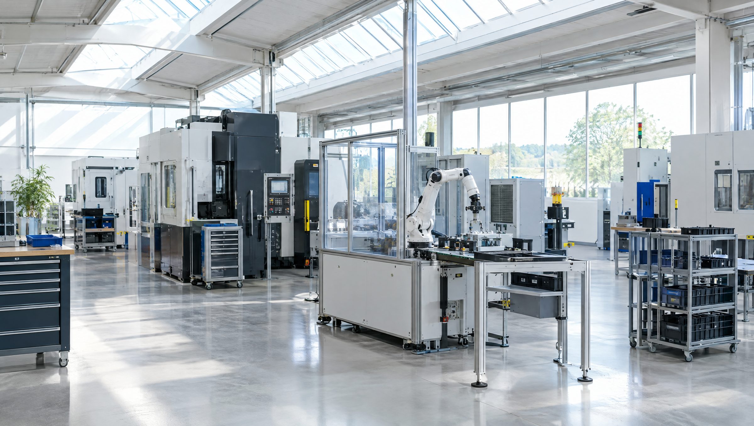 A bright factory floor under skylights, with orderly machines and a small robotic arm