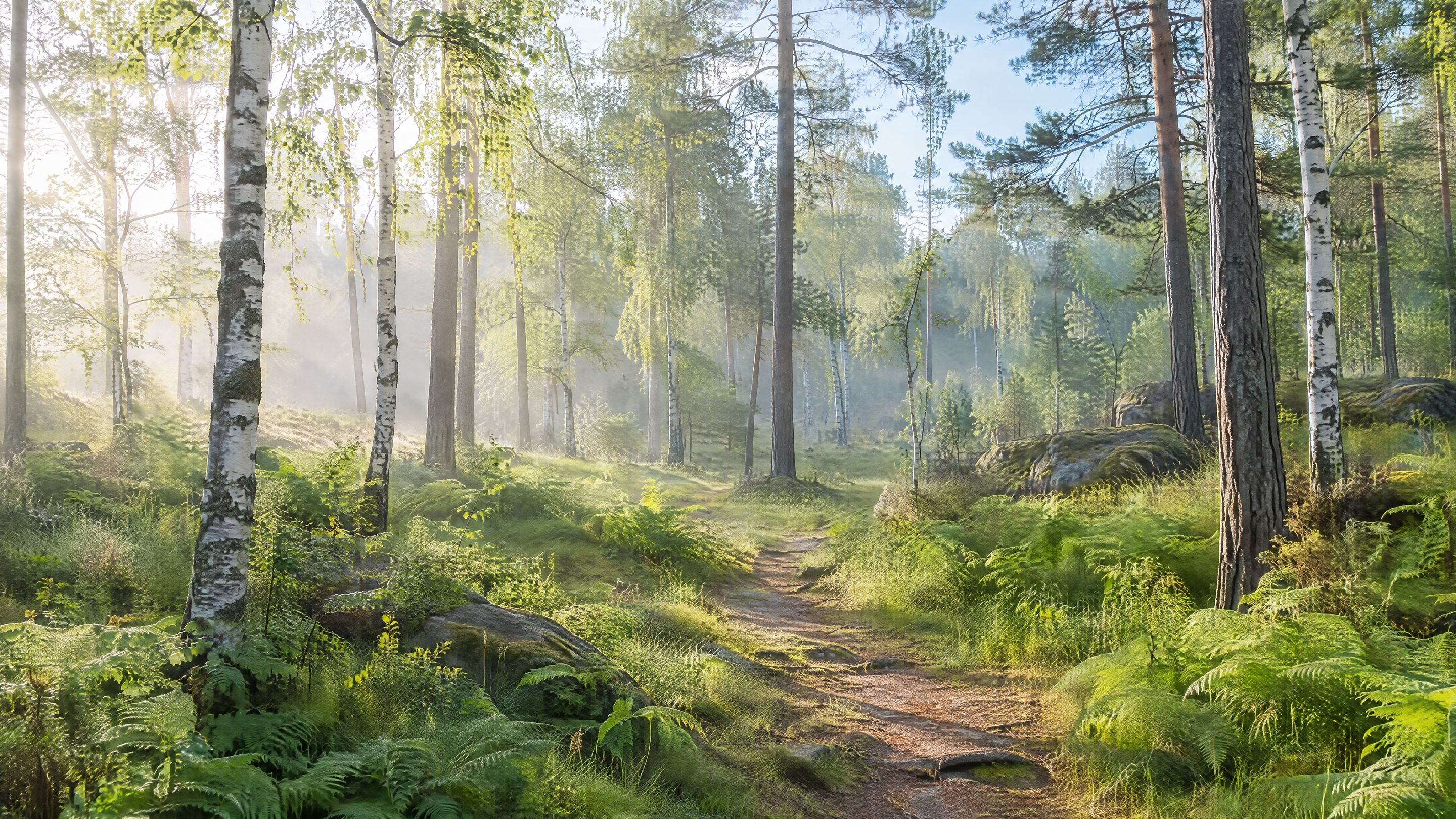 Morning light through birch and pine trees over a fern-lined forest path