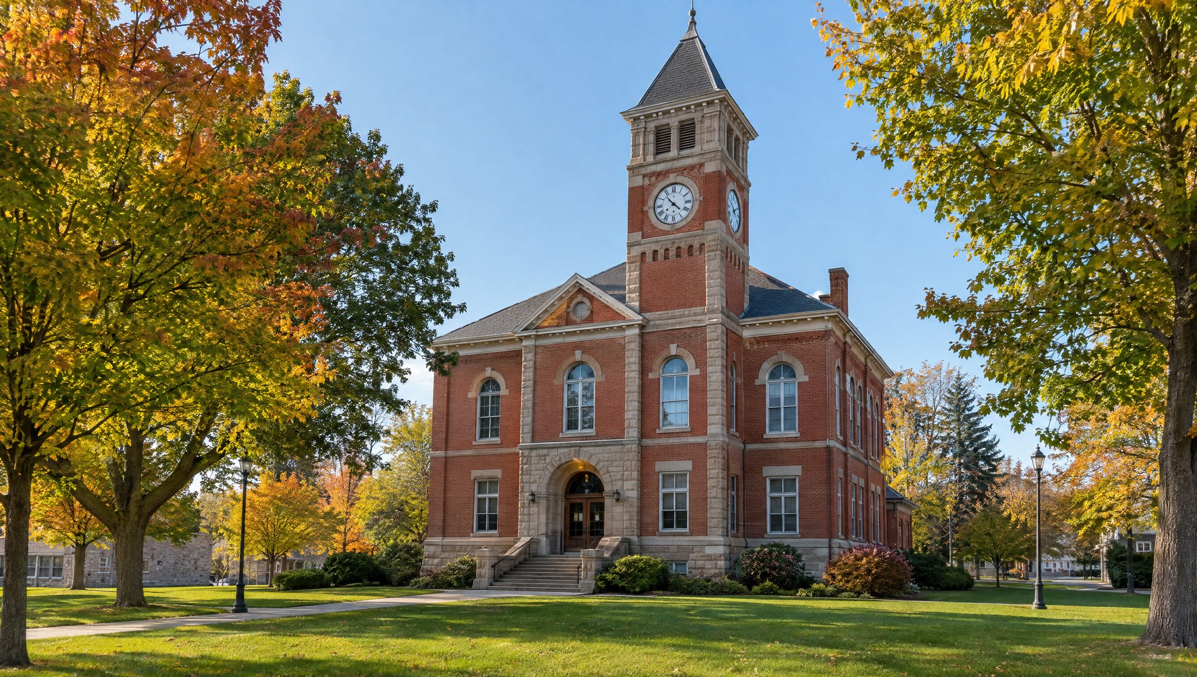 A red brick town hall with a clock tower, a green lawn and maple trees in early autumn