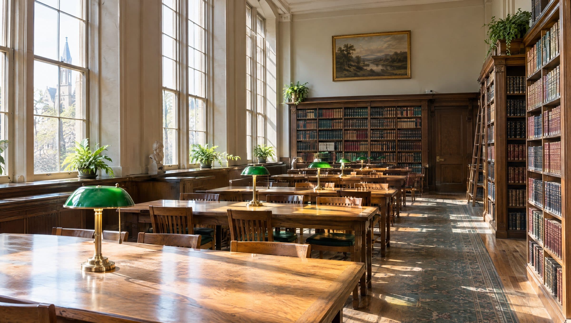 A sunlit library reading room with long oak tables and green lamps