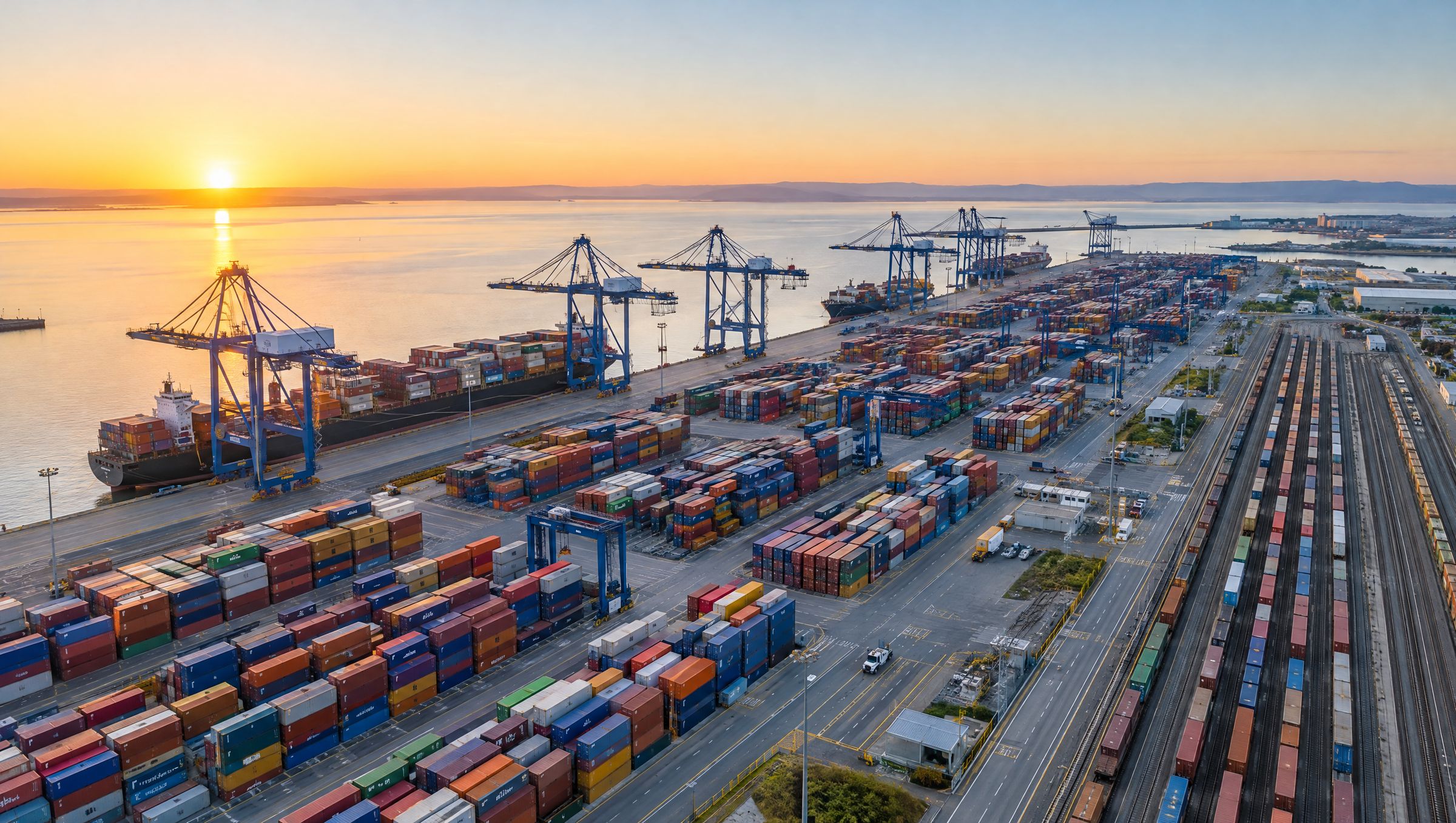 A container port and rail yard from above at sunrise