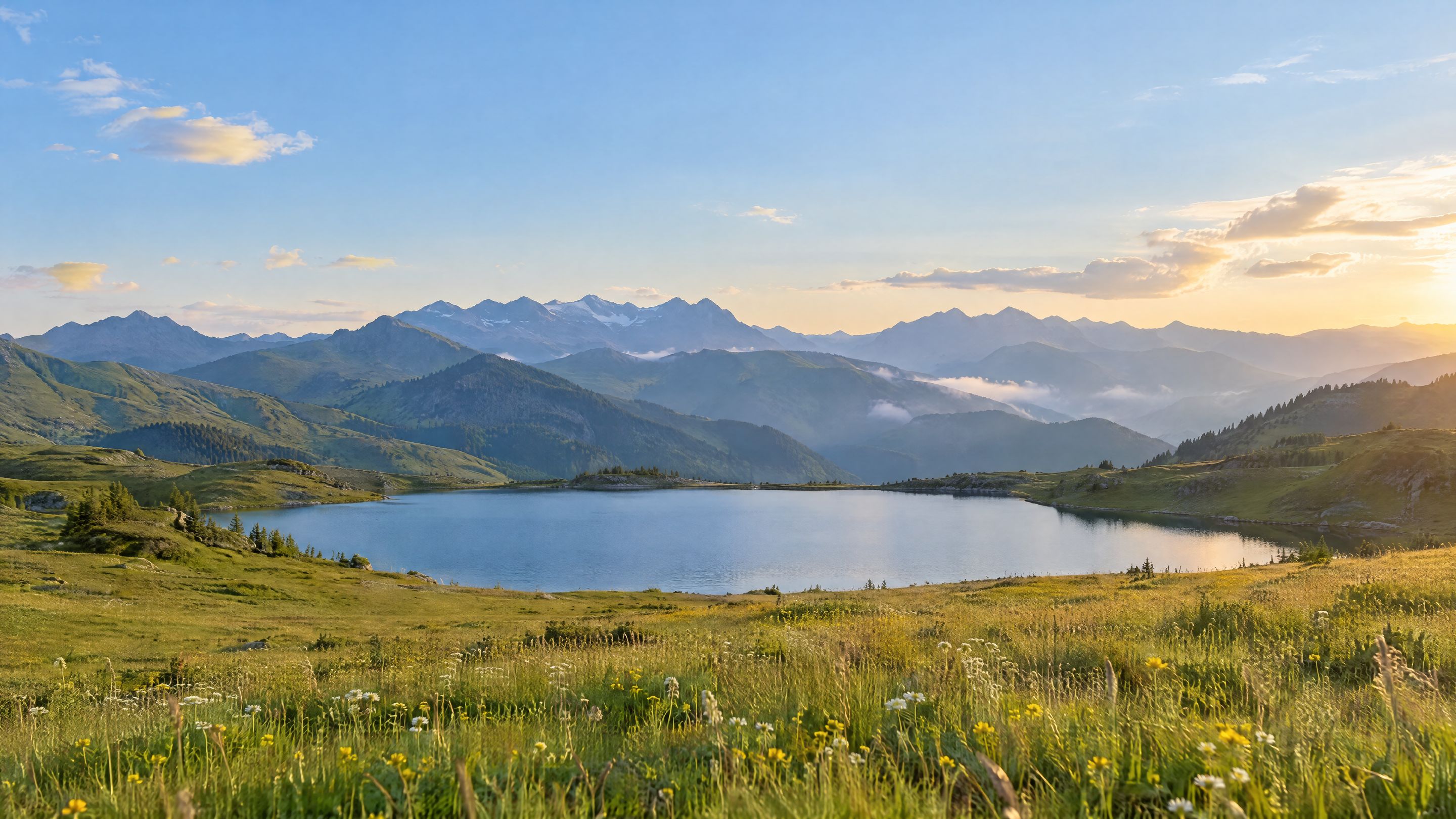 An alpine meadow of wildflowers above a lake, mountain ridges in soft afternoon light
