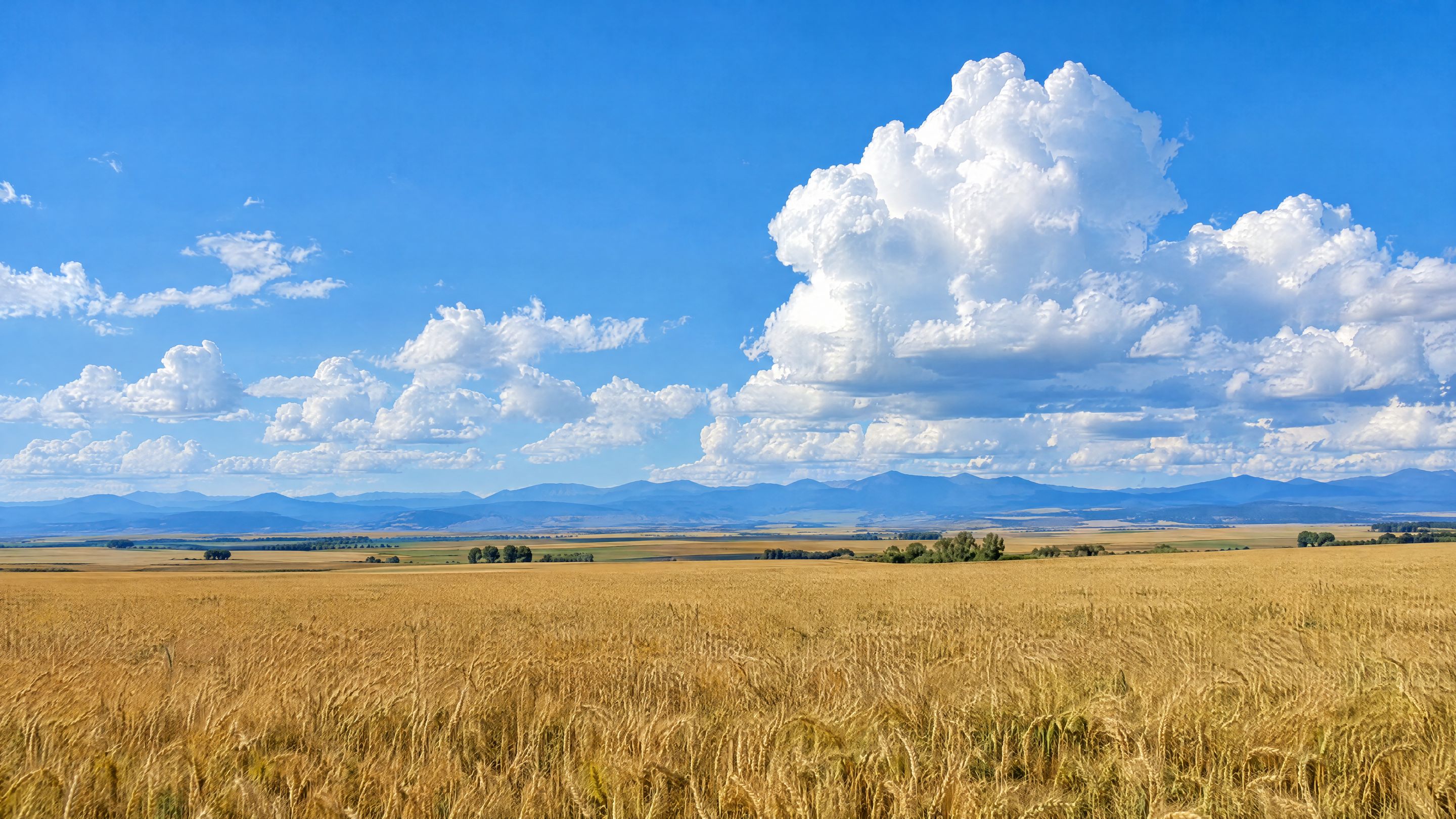 A golden wheat field under a wide blue sky with tall white clouds and distant foothills