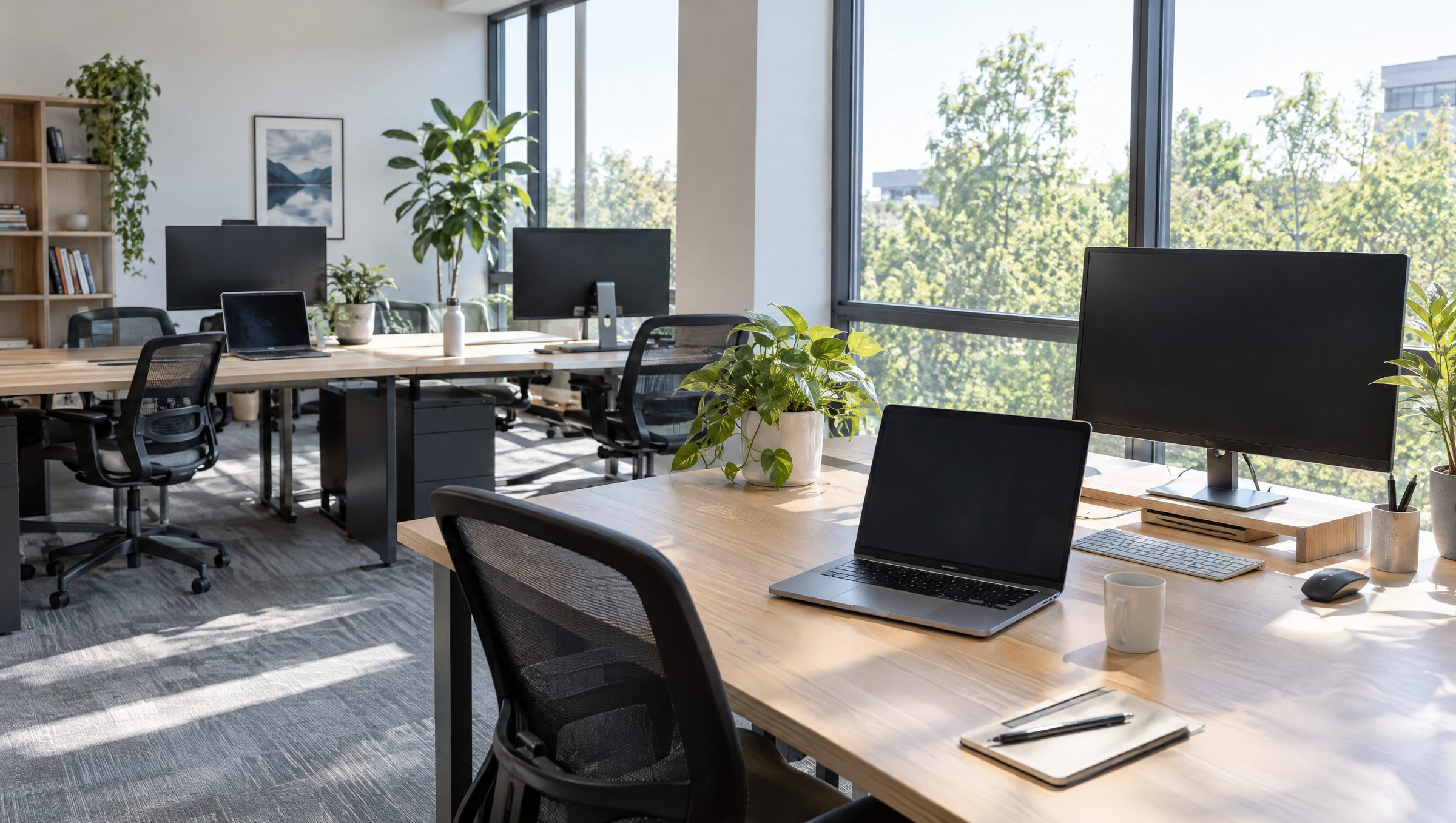 A bright software office with light wood desks, laptops and plants by tall windows