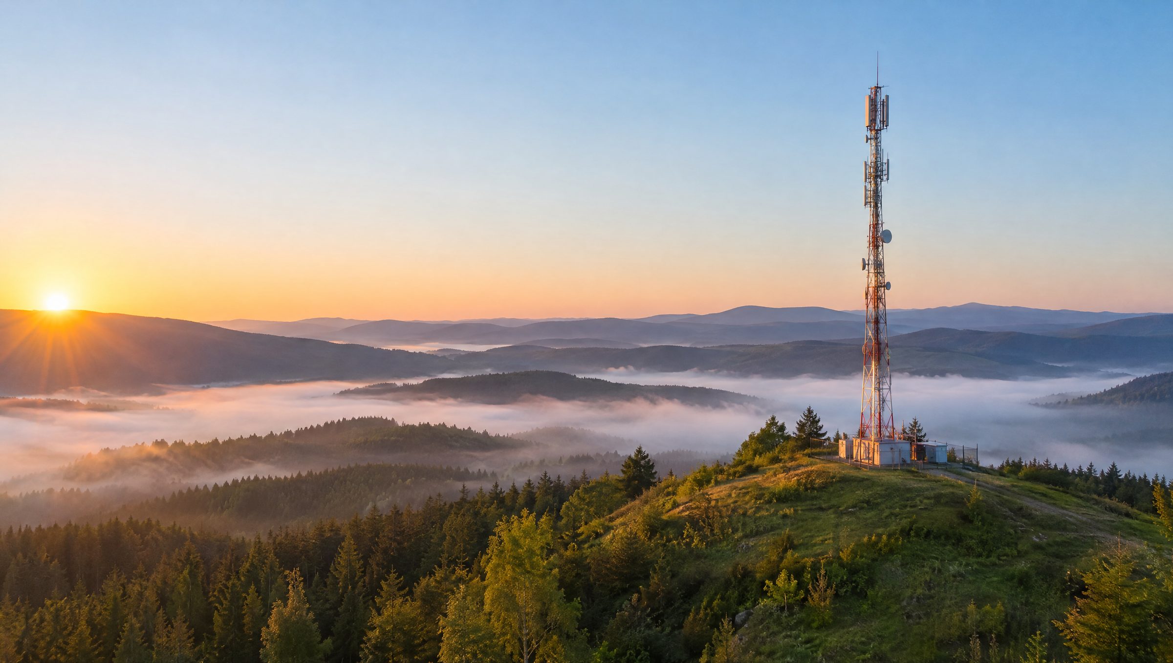 A telecom tower on a green hilltop above a misty forest at sunrise
